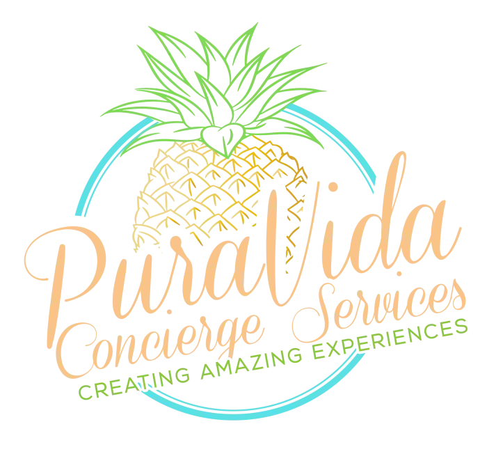 Vibrant yellow pineapple with green spikes.  The logo in encircled with a thin teal line and reads Pura Vida Concierge Services - Creating Amazing Experiences